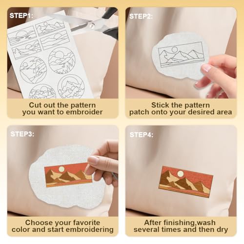39Pcs Mountain Sun Water Soluble Hand Sewing Stabilizers, 8.3"x11.7" Natural Scenery Embroidery Pattern Stabilizer, 4 Sheets Round Stick and Stitch Embroidery Paper Sticker