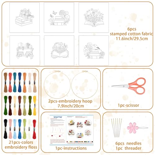 BEUNITONE 6 Set Books Flowers Embroidery Kit for Adult Beginners with Hoops and Instructions Literary Themed Needlepoint Craft Kits Complete DIY Handmade Cross Stitch Set for Book Lovers Home Decor - style: Book Flower