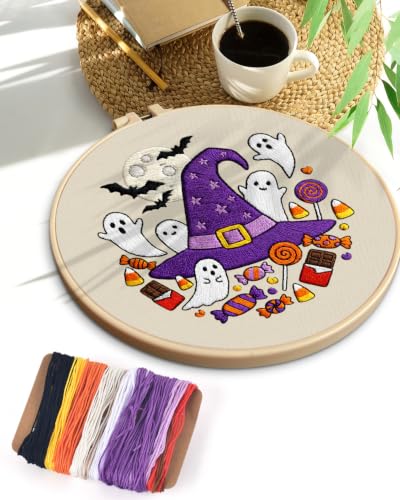 TINDTOP Halloween Embroidery Kit for Adult, Embroidery DIY Starter Kit, with Stamped Patterns, Hoop, Tools, Colorful Threads with Needles, Instructions (Halloween C) - color: Halloween C