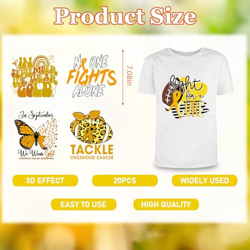 Dtf Transfers Ready to Press - 20Pcs Childhood Cancer Awareness Iron on Transfers Gold Ribbon Iron on Decals Cancer Survivor Heat Transfer Vinyl Stickers for Charity Clothing Pillows Bag DIY Crafts - color: Cancer Awareness