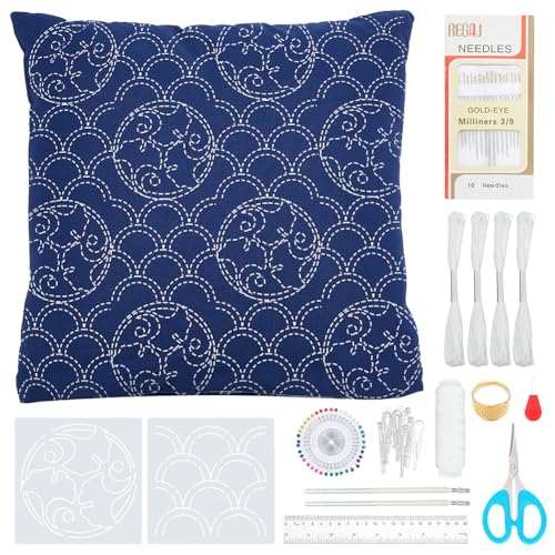 WEBEEDY DIY Sashiko Pattern Pillowcase Set Sashiko Pillow Cover Template Kit，Japanese Embroidery Kit with Instruction for Beginners Home Sofa Pillow Cover Needlework Gift,40x40cm/15.7x15.7