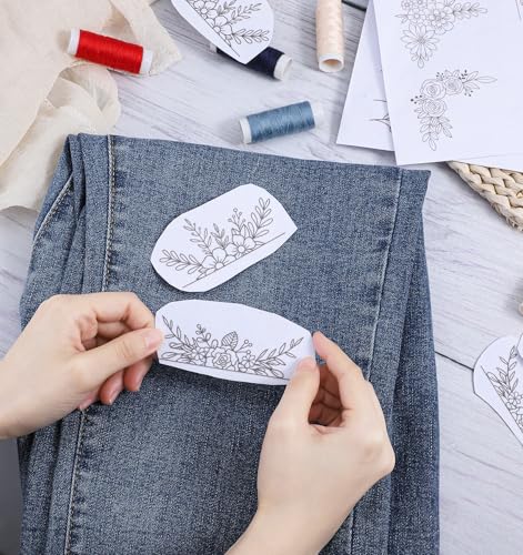 3 Sheets Water Soluble Embroidery Patterns, Stick on Embroidery Patterns with Pre-Printed Flower Leaf Designs, Embroidery Transfer Paper for Hand Sewing