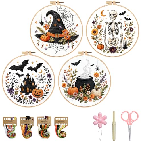 Halloween Embroidery Kit, Skeleton Cross Stitch Kits, 4 Set Craft Kits for Beginners with Pre-Printed Embroidery Fabric, Hoops, Step-by-Step Instructions, Color Threads & Needles (Halloween-4 Set) - color: Halloween-4 Set