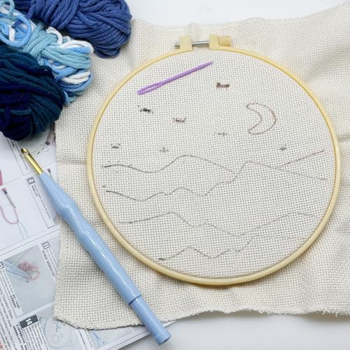 Woohome Punch Needle Kit Included Plastic Hoops, Punch Needle Cloth, Color Yarn and Punch Needle Tools for Adults, Beginners (5 Sets, Night and Lake) - color: Color 25
