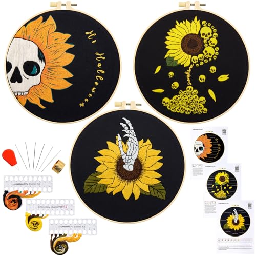 Halloween Gothic Embroidery Kits for Beginners Adults, Skull Hand Embroidery Needlepoint Kits, Sunflower Stamped Cross Stitch Kits for Beginners Adult, 3 Set Embroidery Hoops (Attached Video Tutorial) - color: Sunflower