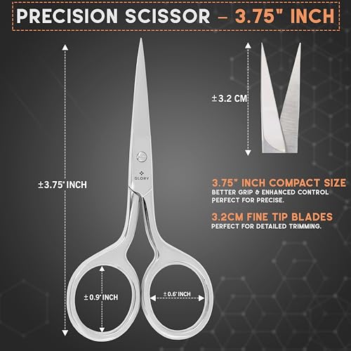 GLORY Small Precision Embroidery Scissors 3.75 Inch Sharp Pointed Tip Stainless Steel Shears for Sewing, Crafting & Needlework, Professional Grooming Scissors for Eyebrows, Eyelash & Facial Hair