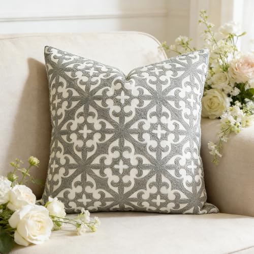 SLOW COW Embroidered Throw Pillow Cover 18 x 18 Inch Grey - color: Grey Farmhouse Flower, size: 18" x 18" (Pack of 1)