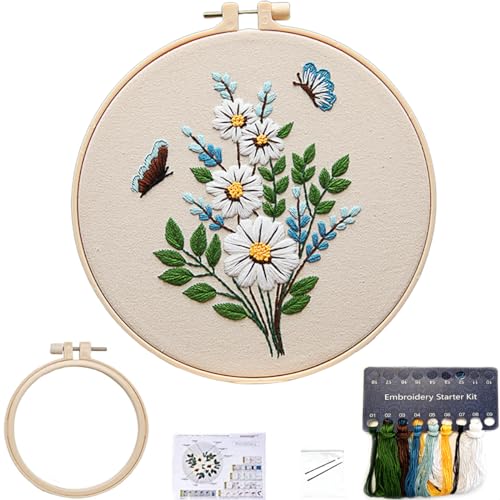 FONNUY Embroidery Kit for Beginners，Plants Flowers Pre-Stamped Pattern Kits for Adults with Hoop, Easy to Follow Needlework (Butterfly Flower) - color: Butterfly Flower