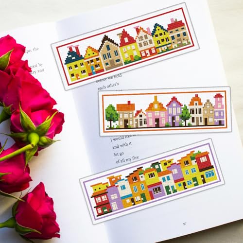 ORIGACH 6 Set Colorful Town House Cross Stitch Bookmark Kit for Beginner - style: Small Houses