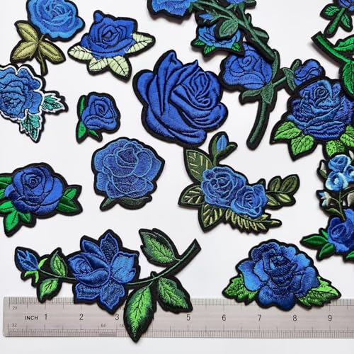 25pcs Rose Iron on Patches, Assorted Sizes Blue Floral Embroidered Patches Applique for Clothes Hats Jeans Jacket - color: Blue Rose