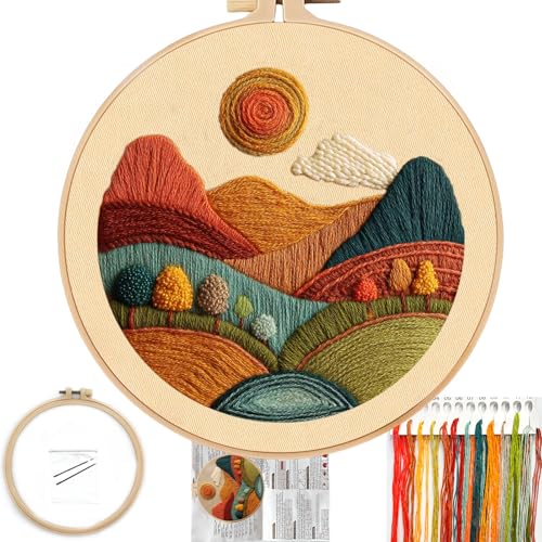 FONNUY Embroidery Kit for Beginners, Textured Vibrant Nature Landscape Pre-Stamped Pattern Kits for Adults with Hoop, Easy to Follow Color Thread Needlework, 8'' Hoop (Red 2) - color: Red 2