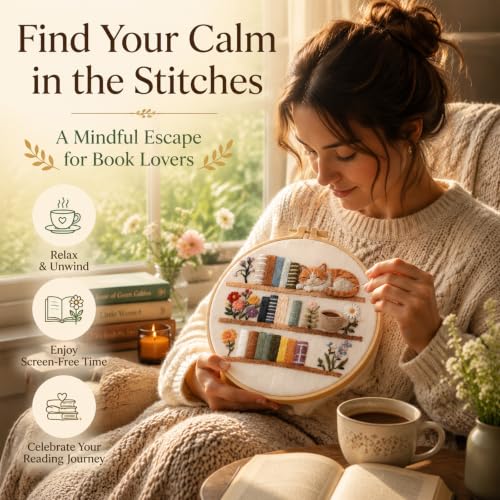 TopHand Reading Tracker 8" Embroidery Kit for Beginners, DIY Bookshelf Stamped Cross Stitch Kit with Blank Spines to Customize, Hand-Stitched Bookish Decor, Floral Threads (Flowers + Books + Cats)