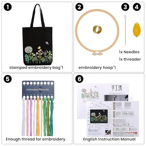 CREAWONDER Canvas Tote Bag Embroidery Kit with Pattern for Beginners, Arts and DIY Embroidery Crafts Kits for Adults, Include Instructions, Embroidery Hoops, Color Threads and Tool - color: CR002 banmeng black