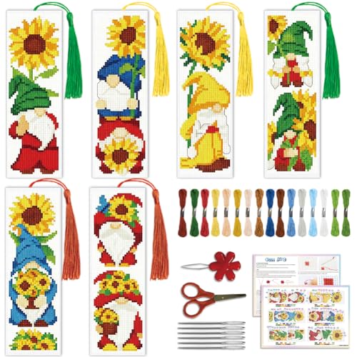 ACRNIGHEET 6PCS Cross Stitch Bookmark Kit for Beginner Gnome Stamped Cross Stitch Kits Needlepoint Kit for Adults DIY Tassel Embroidery Bookmark Kits with Instructions Craft Gift 8.5"x3" 11CT - style: Sunflowr Gnome with Tassel