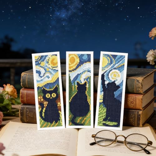 ORIGACH 6 Set Black Cat & Starry Night Cross Stitch Bookmark Kit - style: Black Cat & Starry Night
