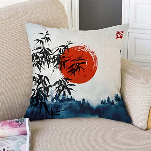 TSSOHU Throw Pillow Cover Japanese Bamboo Pillow case Asian Ink Painting Black Tree Stems Red Sun Mountains Decorative Pillow Case Funny Home Decor Square 18 x 18 Inch Cushion Pillowcase - color: Tss47