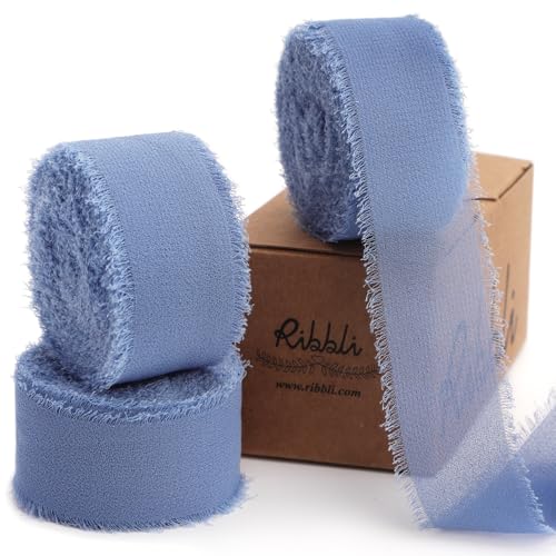 Ribbli Dusty Blue Ribbon 1 Inch x 3 Rolls Total 24 Yards Blue Handmade Fringe Chiffon Silk Ribbon for Wrapping Wedding Invitations Bridal Bouquets DIY Crafts Home Decor - color: Dusty Blue