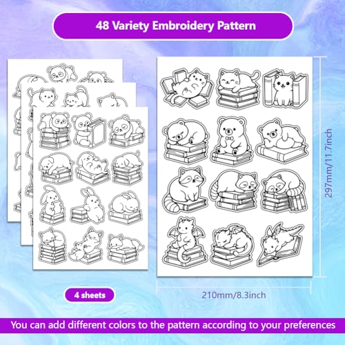 ORIGACH 4 Sheets A4 Large Cute Animal and Books Water Soluble Embroidery Patterns, Stick and Stitch Embroidery Papers with Animal Reading Books Designs, Wash Away Printable for Hand Sewing Lovers - color: Animal & Books