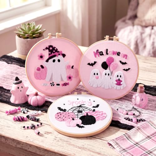 Mindsoft 3 Set Needlepoint Kit for Beginners with Hoop,Pink Halloween - style: Pink Halloween