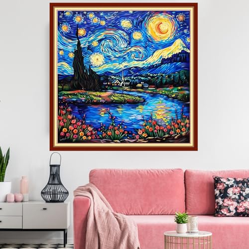 Redxing Stamped Cross Stitch Kits Embroidery kit for Beginners Adults Full Range of Embroidery Patterns Starter Kits DIY Printed Cross Stitch Kits Needlepoint Kits 11CT-Starry Night 18x18 inchs - color: Artskits12