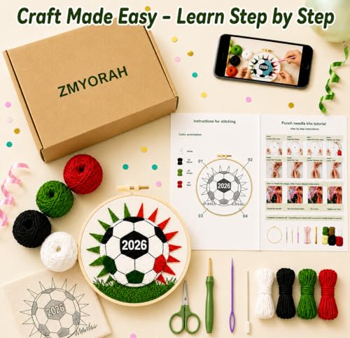 ZMYORAH Punch Needle Kit for Beginners Adults, Soccer Ball Embroidery Punch Needle Starter Craft Kits, 2026 DIY Football Sport Punch Stitch Kit Sports Theme Kit for Home Decor & Craft Gift 20x20cm