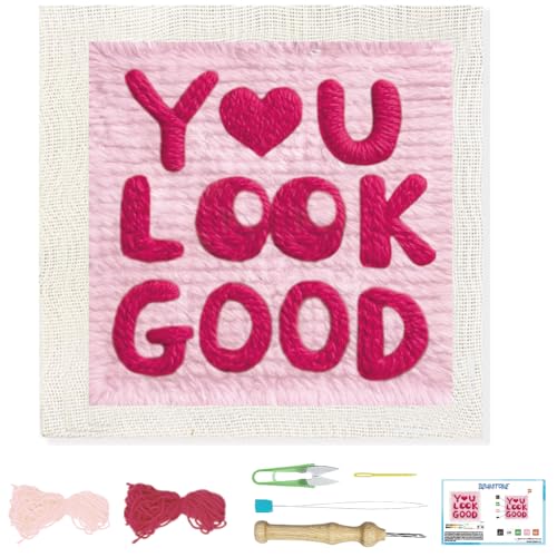 BEUNITONE Punch Needle Kit for Adults Beginners with Blessings Text, Complete DIY Craft Needlepoint Kits with Hoop, Punch Needle Starter Craft Embroidery Set for Festival Gift and Home Decor 9.4x9.4in - color: 10-You Look Good