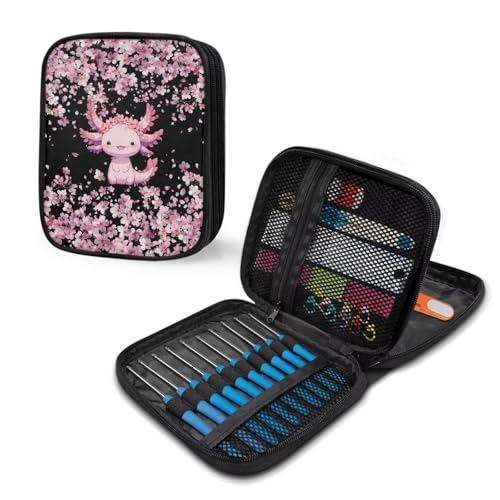 Kathyboom Cherry Blossom Axolotl Empty Crochet Hook Case Crochet Hook Organizer with Slots Crochet Needles Bag for Crochet Lovers, Crochet Kit for Beginners - color: Cherry Blossom Axolotl
