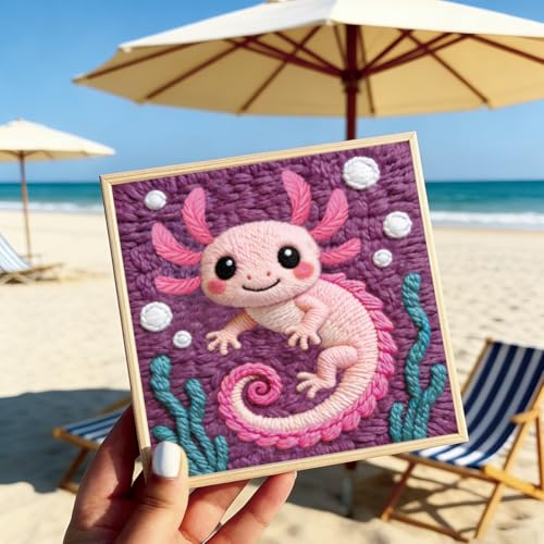 BEUNITONE Pink Axolotl Punch Needle Kit for Adults Beginners, Complete DIY Craft Needlepoint Kits with Hoop, Punch Needle Starter Craft Embroidery Set for Handmade Decor & Stitching Projects 9.4X9.4" - color: 02-Pink Salamander