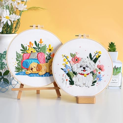 GLTAYLMY Cute Dogs Embroidery Kit for Beginners with Pattern and Instructions,3 Pack Cross Stitch Kits,1 Plastic Embroidery Hoops,Threads and Needles,Needlepoint Kit for Adults - color: Cute Dogs
