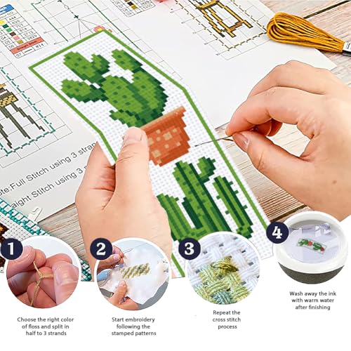 ACRNIGHEET 6PCS Cactus Cross Stitch Bookmark Kit for Beginner Stamped Cross Stitch Kits for Adults DIY Embroidery Bookmark Kits Crossstitch Kits Adult with Instructions Hand Craft Gift 11CT - style: Cactus patterns