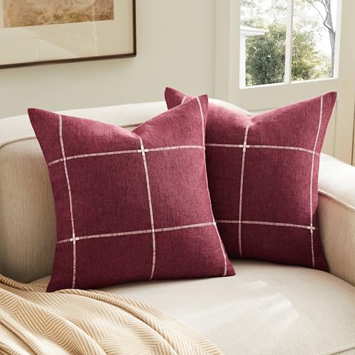 2 Packs Grid Embroidery Throw Pillow Covers 16x16in Burgundy - color: Burgundy, size: 16" x 16" (Pack of 2)