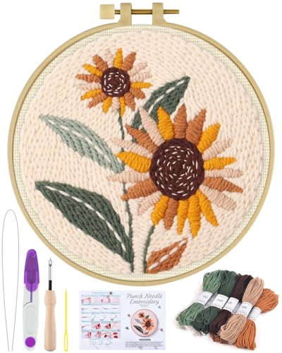 ERKOON Punch Needle Kit Beginners Adults, DIY Easy Flower Embroidery Set for Starter Art Craft, Needling Punching Project with Patterns, Tools, Yarns, Hoop, Instruction (Sunflowers) - color: Sunflowers