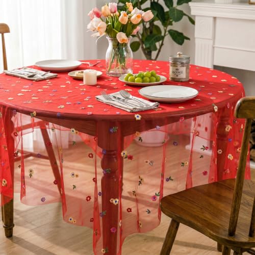 Horaldaily Christmas Red Embroidery Tablecloth, 60×84 Inch Rectangular - color: Deep Red, size: 60" x 84" (Rectangular)