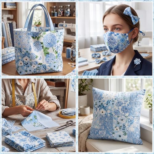 25 Pcs Blue Quilting Fabric Squares 10 x 10 Inch Cotton Precut - color: Blue Floral