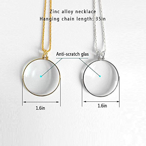 5X Magnifying Glass Pendant 1.6" Glass Lens Dia. and 35" Alloy Necklace (Silver)