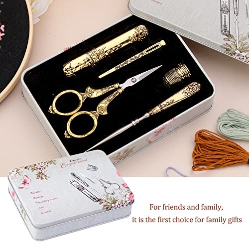 BUTUZE Embroidery Scissors Kit,European Antique Vintage Sewing Kit,Complete Vintage Sewing Tools with Embroidery Scissors,Original Case,Sewing Needle Case,Awl for Sewing,Craft,Needlework - color: Gold