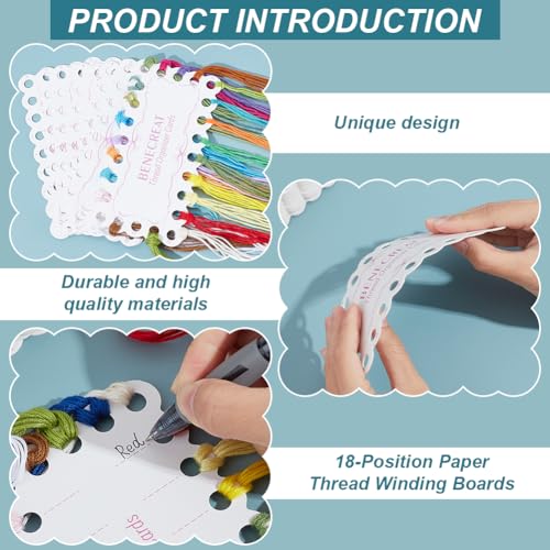BENECREAT 36Pcs 18-Position Embroidery Thread Organizer Cards, 5.9x3inch Paper Thread Winding Boards, Floss Bobbins for Cross Stitch Embroidery Thread Storage Craft DIY Sewing