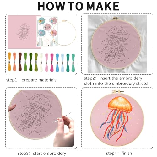 INFUNLY 5 Sets Jellyfish Embroidery Kits for Beginners DIY Cross Stitch Starter Sets with Instructions Colorful Jellyfish Flower Needlepoint Kits with Embroidery Cloth Colored Threads Hoops Tools - style: Jellyfish