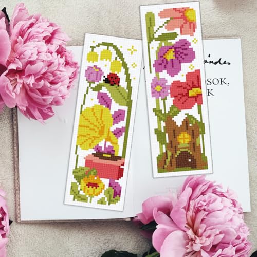 INFUNLY 6pcs Flowers Cross Stitch Bookmark Kits for Adults Mushroom Houses DIY Cross Stitch Kit with Instructions Pre-Printed Birds Tree Stake Stamped Embroidery Bookmark Kit for Book Readers Gift - style: Flower Mushrooms