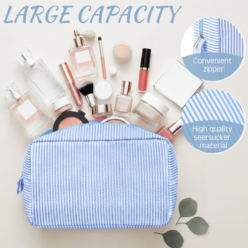 Sanwuta 3 Pcs Seersucker Makeup Bags Seersucker Cosmetic Bags Striped Women Large Travel Toiletry Organizer Preppy Storage Pouch for Embroidery Wedding Bridesmaid Gifts(Light Blue) - color: Light Blue