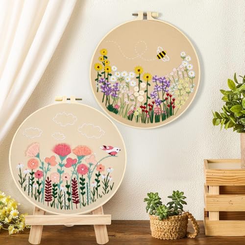 Flowers Embroidery Kits for Beginners Adults, Floral Hand Embroidery Set Needlepoint Kits, Stamped Cross Stitch Kits for Beginners Adults, 2 Embroidery Hoops, Fabric, Thread (Attached Video Tutorial) - color: Floral-2, size: 8inch