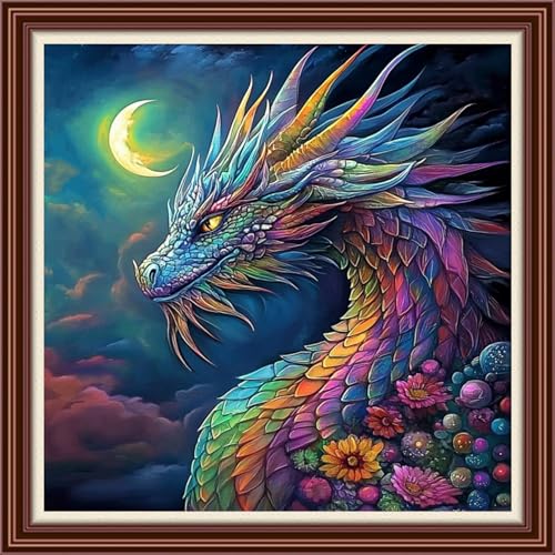 Dimxvean Counted Cross Stitch Kits for Adults,11CT Unprinted Cross-Stitch Pattern Embroidery Kit Cross Stitching Kit Supplies Needleworks Set-Moon Dragon 18x18 inchs - color: SetColor15