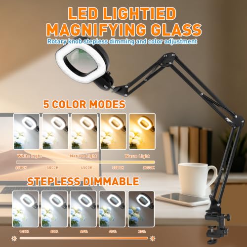 Magnifying Glass with Light and Clamp, 5in 12X Extended Arm - size: 5IN