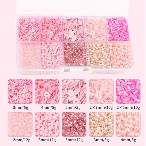 10 Color Small Assorted Glass Seed Beads, Loose Sequins(Pink) - color: Pink