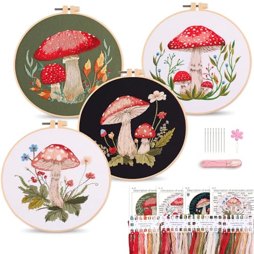 Harimau Adult Beginner Embroidery Starter Kit, Complete Set with 4 Patterns, 2 Hoops, Needles, Scissors, Instruction Guide & Stitching Video Tutorials - color: Mushroom2 pattern