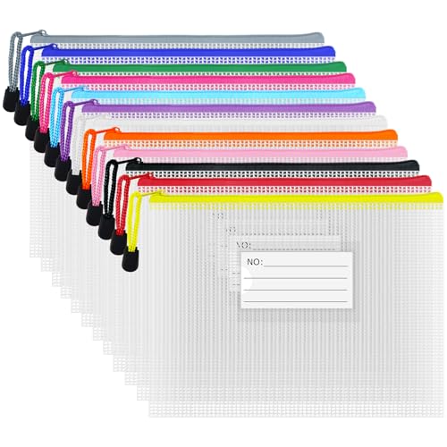 Plastic Mesh Zipper Pouch, 12Pcs Zipper File Bags with Label Pocket, A5 Size 9.2x6.7in, White - size: 9.2x6.7 in