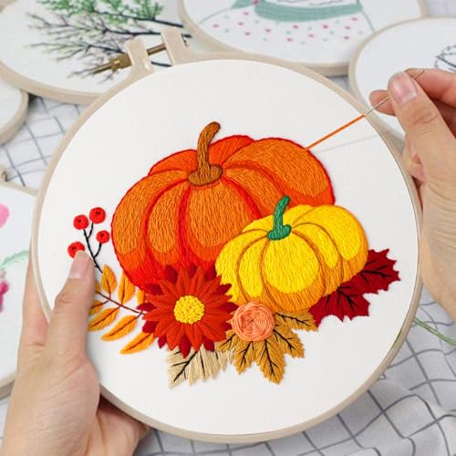 Louise Maelys 3 Set Embroidery Kit for Beginners with Pumpkin Harvest - color: pumpkin flower
