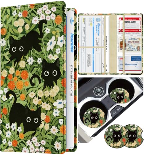 Slohif Car Registration and Insurance Holder with 2 Car Coasters, Elegant - color: Green Flower Cat