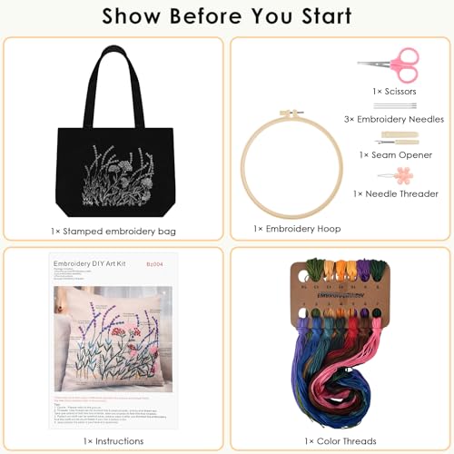 ERKOON Canvas Tote Bag Embroidery Kit for Beginners, Floral Arts Crafts Cross Stitch Kits for Adults Including Stamped Embroidery Bag with Hoops, Needle, Instruction and Color Threads (Lavender) - color: Lavender