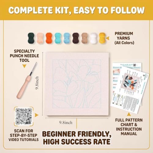 Embroidery Punch Needle kit Frame, Embroidery Starter Kits for Beginner,Punch Needle Fabric with Pattern,Threader, Yarns,Embroidery Hoops & Rug Punch (White) - color: White